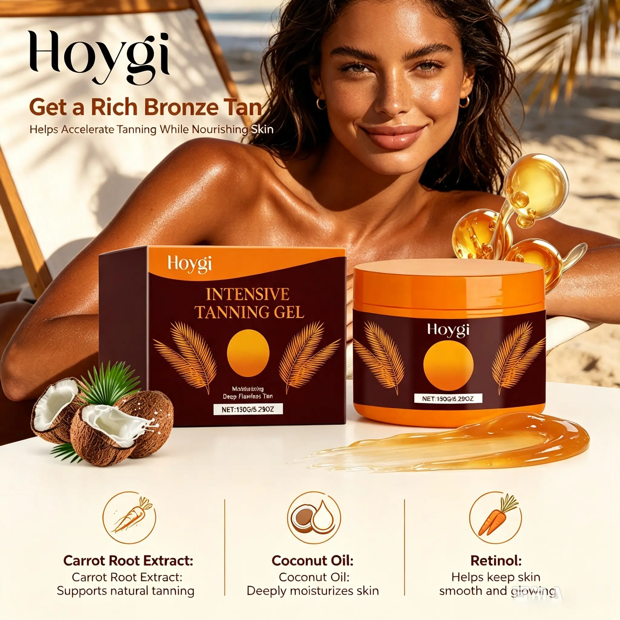 Hoygi Intensive Tanning Accelerator Gel, Tanning accelerator gel helps build even, radiant bronzed & wheat skin tone under sun exposure,Body Moisturizing Gel for Even Bronzed Glow, Anti-Wrinkle & Skin Hydrating for Beach Sun Tan,
