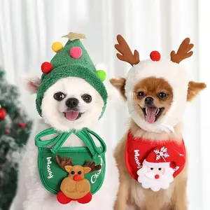 2-Piece Pet Christmas Costume Set, Includes Reindeer Hat/Santa Claus Bib, Dress Up Pets, Add Festive Atmosphere, Pet Christmas Scene, Cute and Easy to Wear