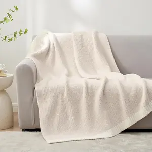 Sac Buttery Ivory Throw Blanket for Couch, Reversible Super Soft Knitted Blankets, Warm Cozy Knit Fuzzy Plush Lightweight Throws for Sofa, Bed, Camping, Picnic, Ivory, 50 x 60 inches