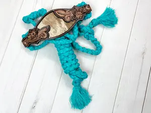 Cowhide Floral Leather Tooled Band Halter on Turquoise Nylon Muletape
