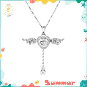 Moissanite 2ct Angel Wing Heart Pendant Necklace Birthday Wedding Engagement Anniversary Valentine's Day Gift Daily Wear