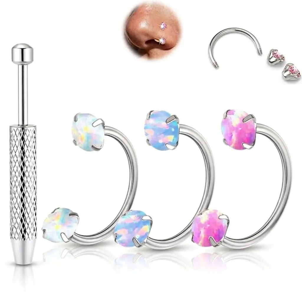 3 Pack Women's Opal Nose Hoops, 20G 8mm Implant Grade Horseshoe Fashion Body Jewelry, Internally Threaded with Auxiliary Tool, Nose Piercing, Female, 20G (0.8Mm), 3Mm