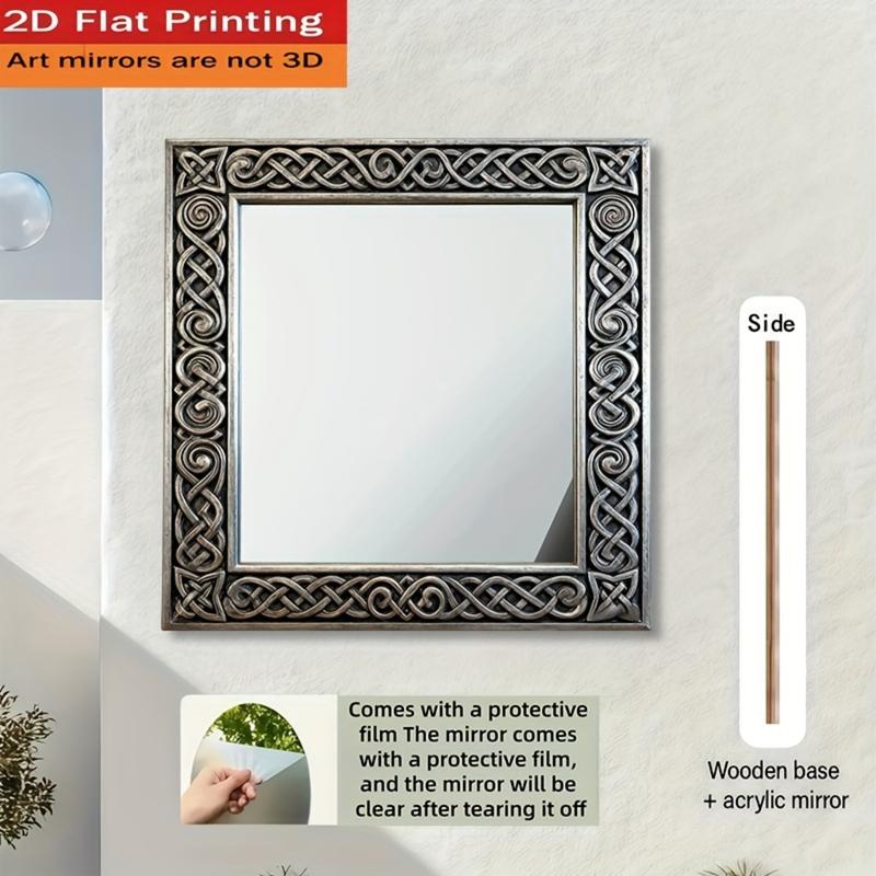 1pc Nordic retro style and mysterious ritual Celtic pattern wall mounted mirror, wood+acrylic mirror, 2D flat (40cm/15.74inch) home wall decoration, room decoration, bathroom mirror, creative makeup mirror, housewarming gift