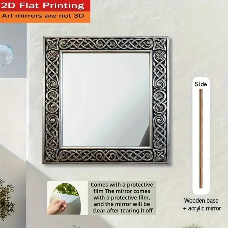 1pc Nordic retro style and mysterious ritual Celtic pattern wall mounted mirror, wood+acrylic mirror, 2D flat (40cm/15.74inch) home wall decoration, room decoration, bathroom mirror, creative makeup mirror, housewarming gift