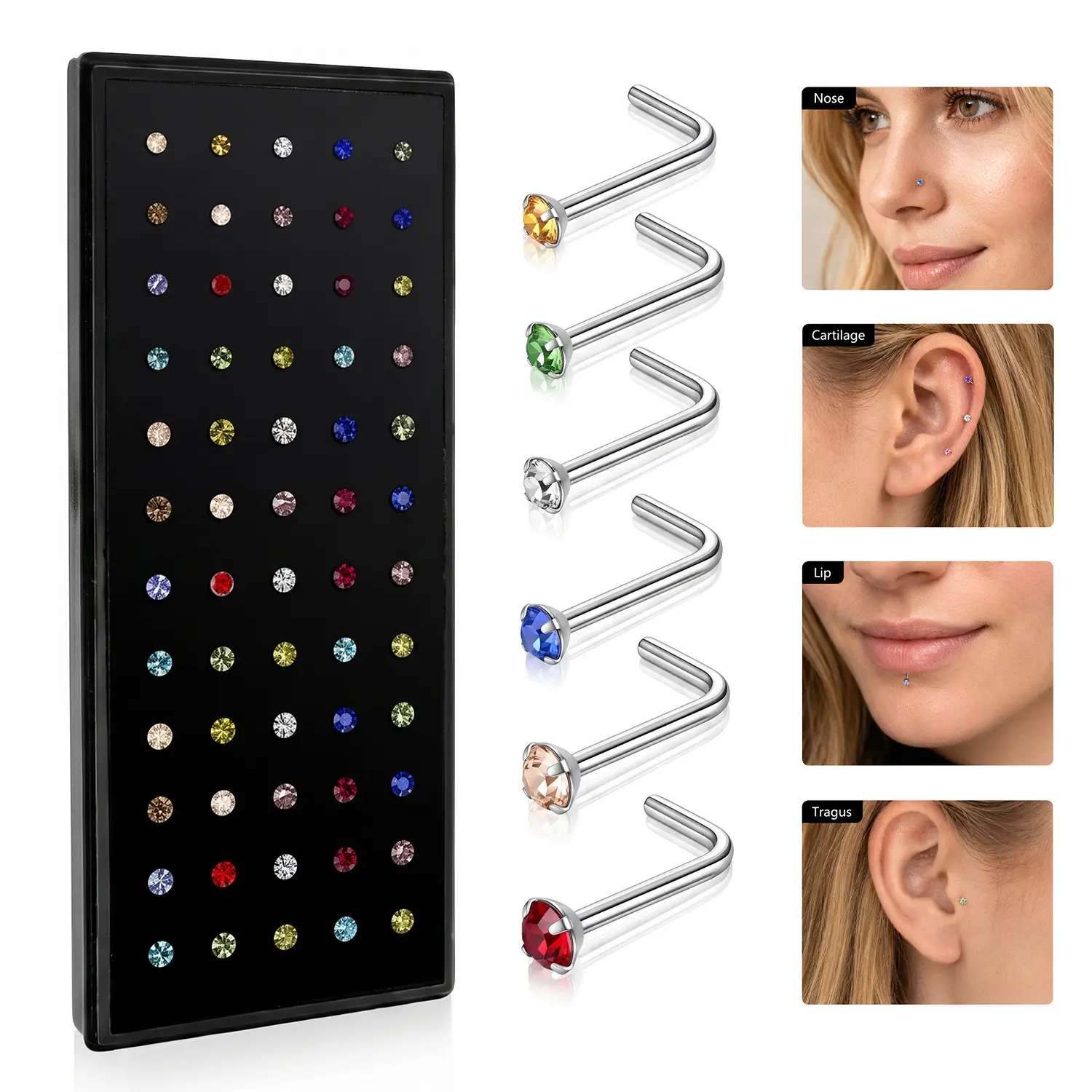 Hypoallergenic Nose Stud Set, 60-Piece 316L Stainless Steel and CZ Body Jewelry, L-Shaped Screw Piercings Body Jewelry, Multiple Gauges Available
