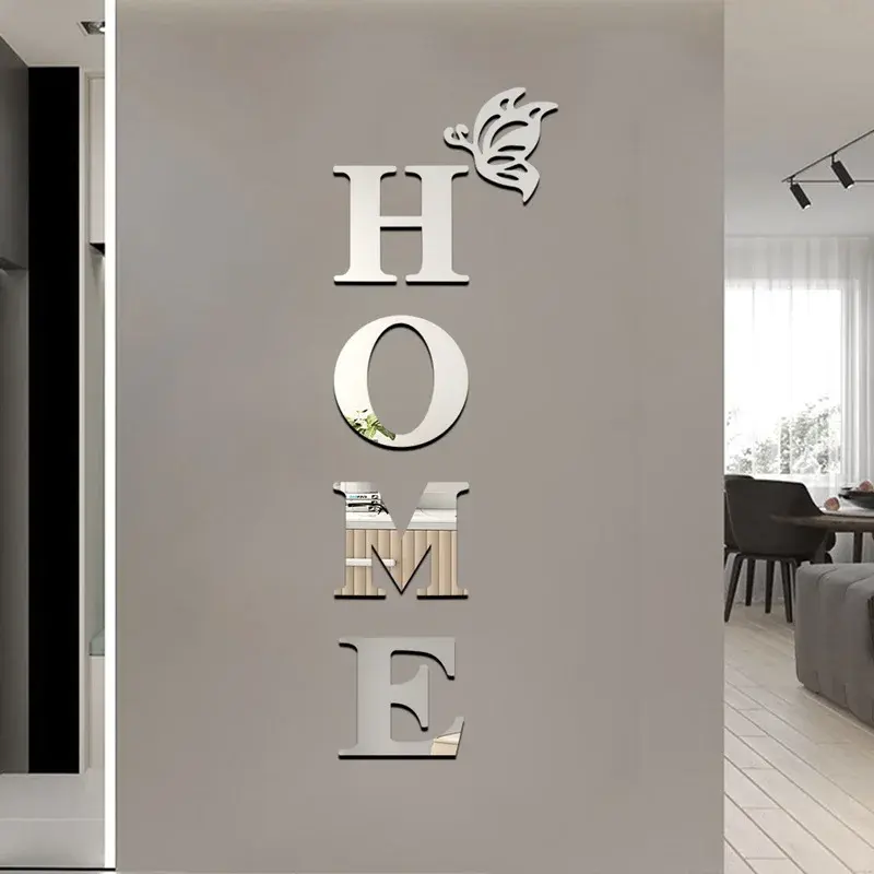 3D Mirror Wall Sticker 'HOME' Logo Entrance Decorative Adhesive Wall Mirror for Home Decor NONE