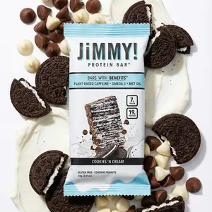 JiMMYBAR! Cookies 'n Cream Protein Bar - 19g Protein, 7g Sugar, Plant-Based Caffeine, Gluten-Free, 12 Count Box, High-Protein Peanut Chocolate Snack, Omega-3s & MCT Oil, Homemade