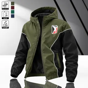 Men’s army green and black color-block jacket with fitness pattern, hooded windproof design, made from tear-resistant, skin-friendly fabric for all-day comfort. Sporty silhouettes that suit various settings, including the gym, streetwear, and weekend gath