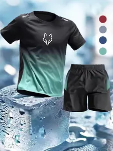 Men's Wolf Head Print T-Shirt Shorts Set, Summer Casual Gradient Color Fashion Sportswear, Athletic Activewear Tracksuits, Loose Comfortable Sweat-Wicking Quick-Dry