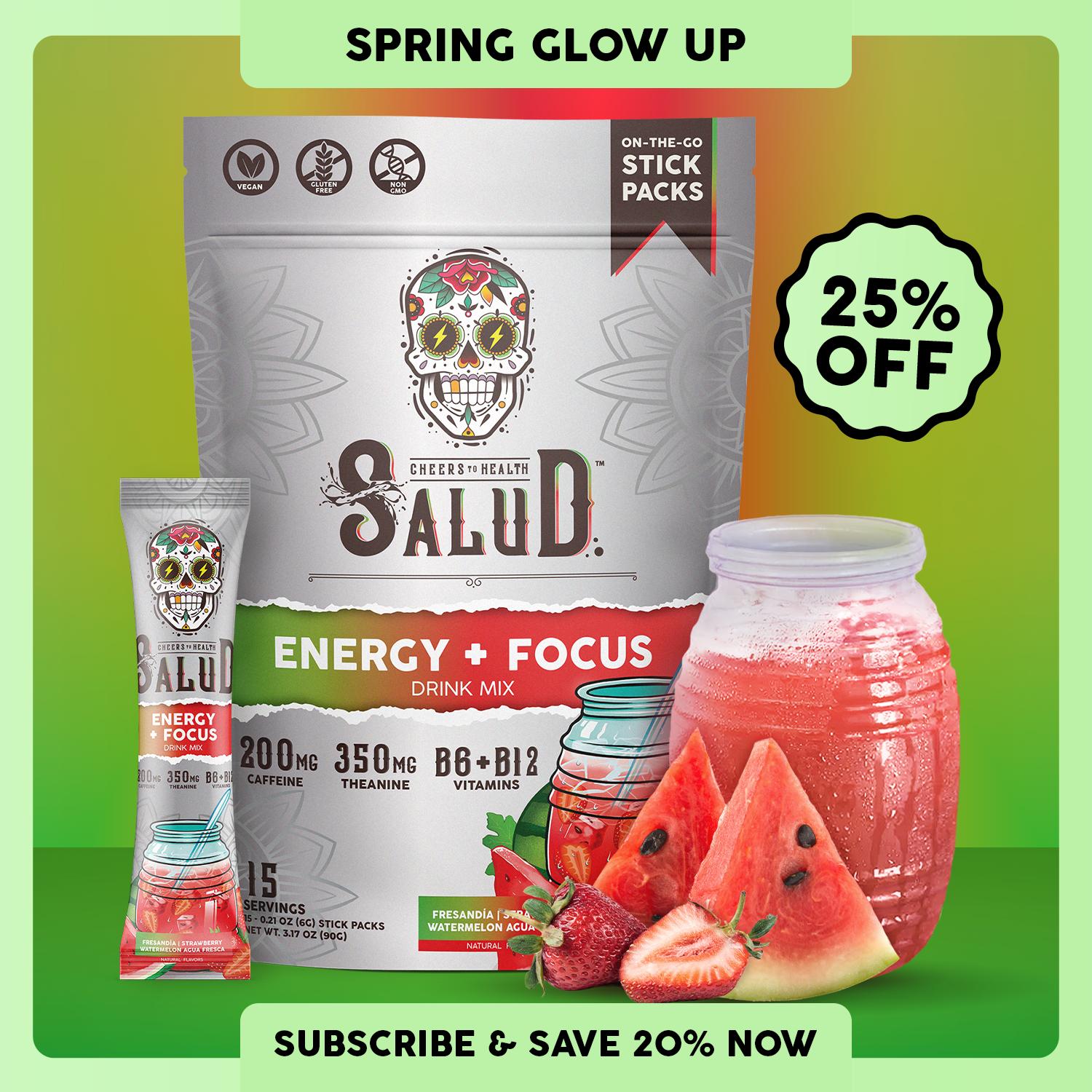 Salud 2-in-1 [Energy Focus – Fresandía] Clean Energy Drink Mix, Agua Fresca, Organic Caffeine, B6 & B12, L-Theanine, Dr