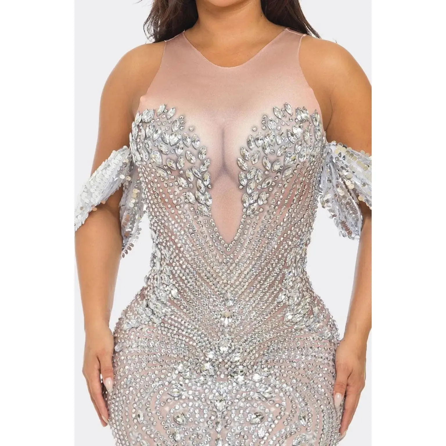 Valerie Silver Nude Diamante Sequin Maxi Gown Valerie Silver Nude Diamante Sequin Maxi Gown