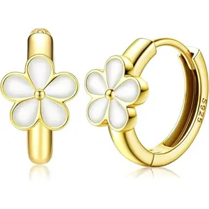 CASSIECA Flower Hoop Earrings 925 Silver Toddler 18K Gold-plated Plated Small Huggie Hoop Earrings Hypoallergenic Daisy Hoop Earring for Women Valentines Mother's Day Birthday Gifts