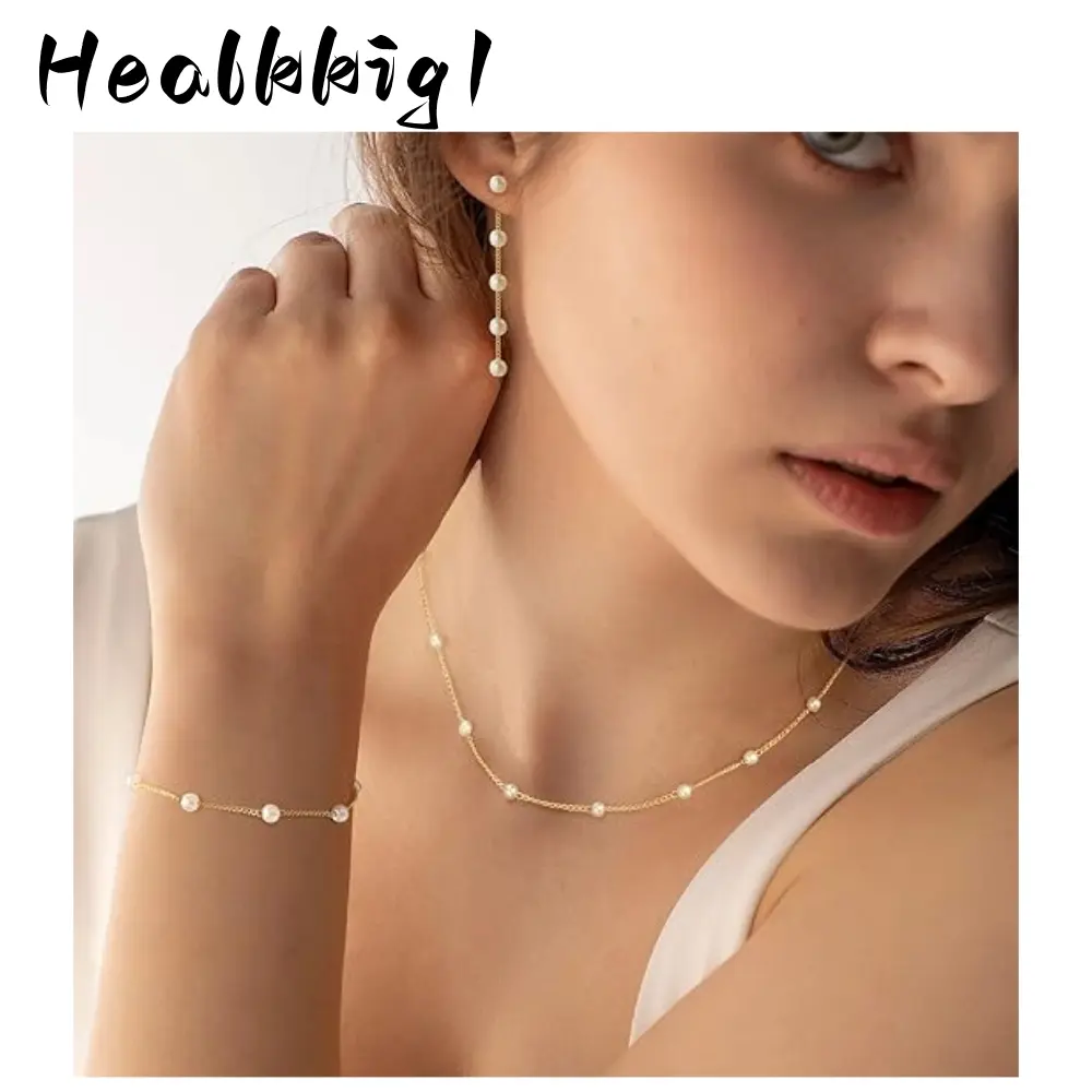 Golden Jewelry Set For Women - Dainty Pearl Drop Earrings, Pearl Bracelets, Pearl Choker Necklace