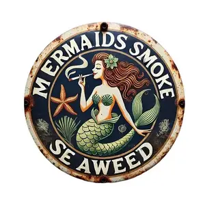 Decorative Signs & Plaques 1pc Nautical Mermaid Metal Sign 8x8inch Vintage Iron Wall Art Mermaids Smoke Seaweed Round Plaque for Home Bar Garage Man Cave