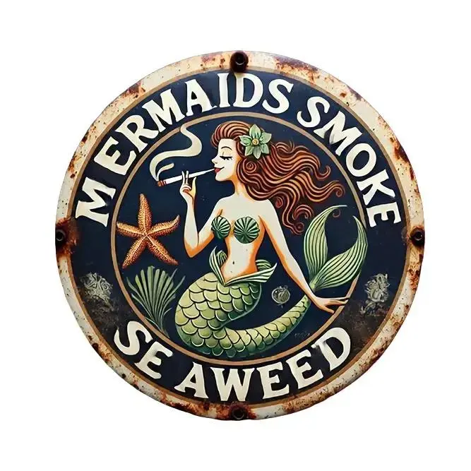 Rust-Proofed Vintage Tin Nautical Mermaid Metal Sign - 1pc 8x8in Round Wall Art Plaque with Smoke Seaweed Design, Home Decor Gift for Adults Dads Bros Husbands (Set Option Available)