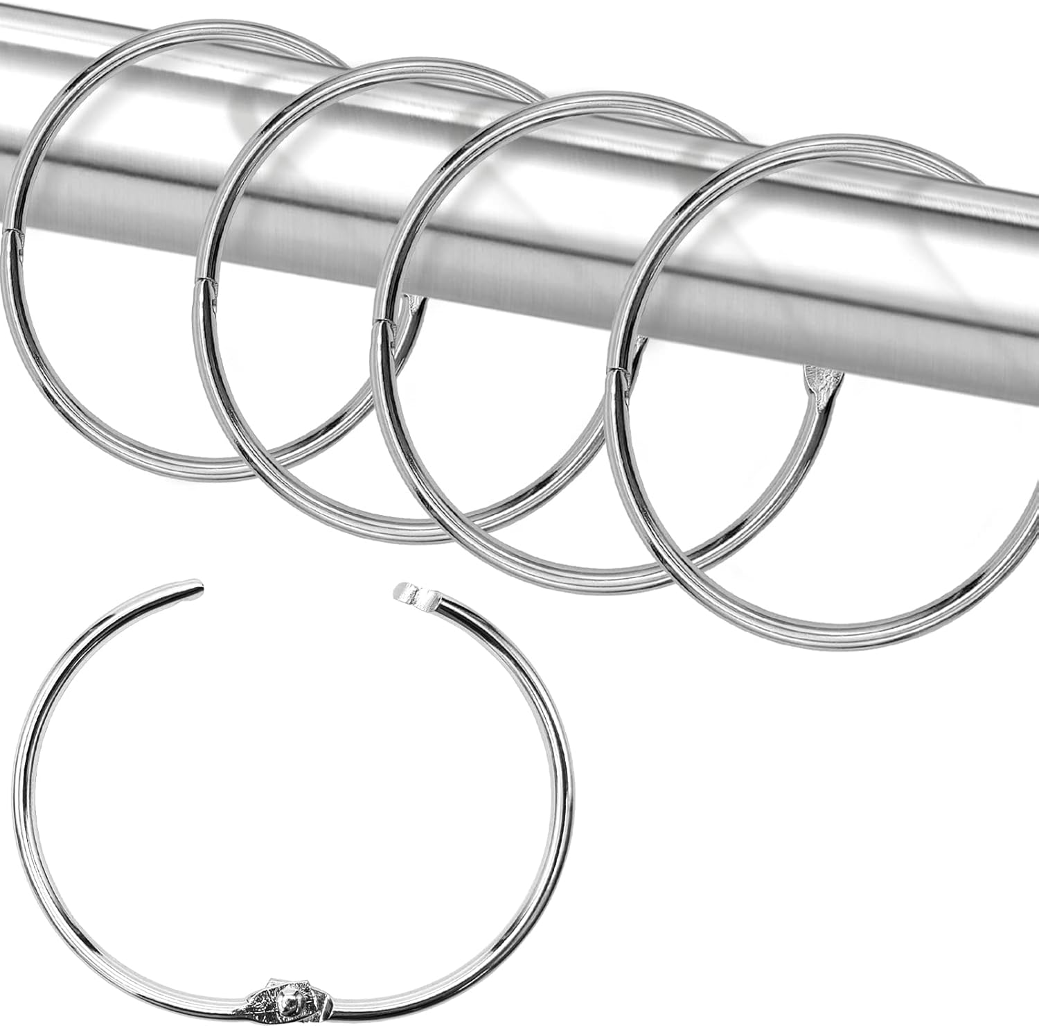 12/24/36 Pack silver metal shower curtain rings without clips, 1.26 inches (3.8 cm) interior diameter, fits up to 1.2 inch rods, heavy-duty rustproof decorative vintage eyelet hangers for drapery, shower curtains, lights, craft projects, and rod hangers.
