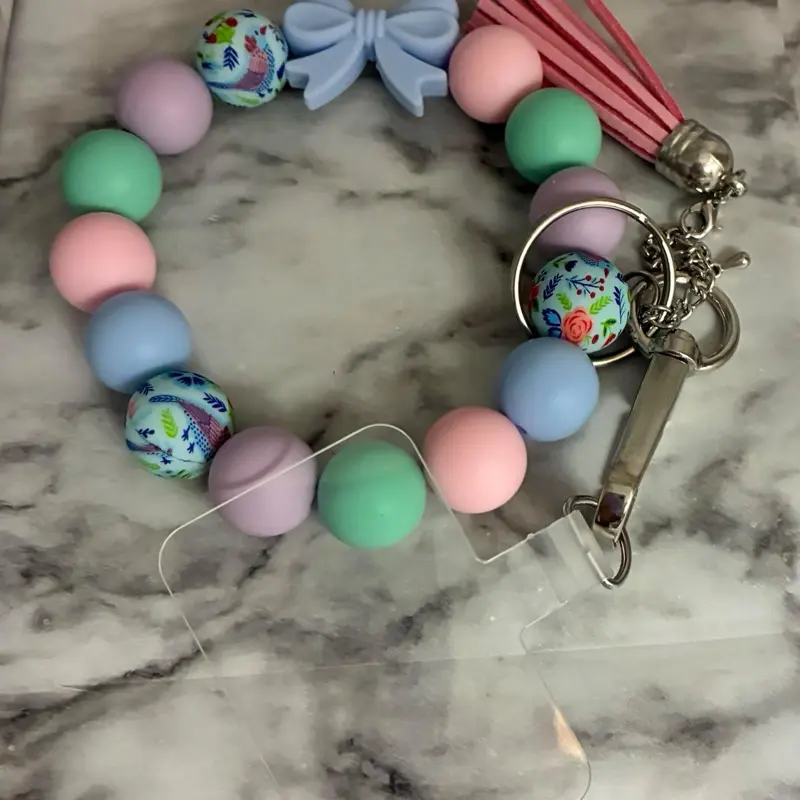Silicone Beaded Phone Charm Bracelet with Tassel and Phone Strap Adapter for Cellphone