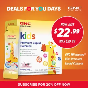GNC Milestones Kids Premium Liquid Calcium+ Supplement, Supports Healthy Growth & Development, Strong Bones & Teeth, Supports Brain, Nerve & Muscle Function, Energy Production, For Kids 3 & Above, Convenient Pouch, Elderberry Flavor,  30 Day Supply
