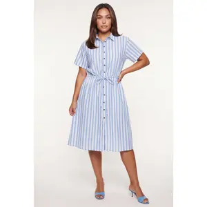 Plus Size Striped Tie Waist Button Front Shirt Dress