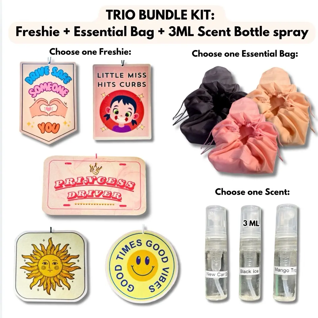 Trio Bundle Kit: Freshie + Car Essential Bag + 3ML Scent of Choice Bottle Spray - Lasts Up to 3 Months