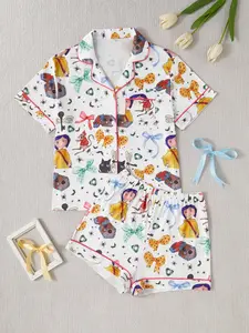 Women's Cartoon Printed Sleepwear Set, Button-Down Short Sleeve Top & Loose Comfortable Shorts, Soft Casual Pajamas for Home Relaxation