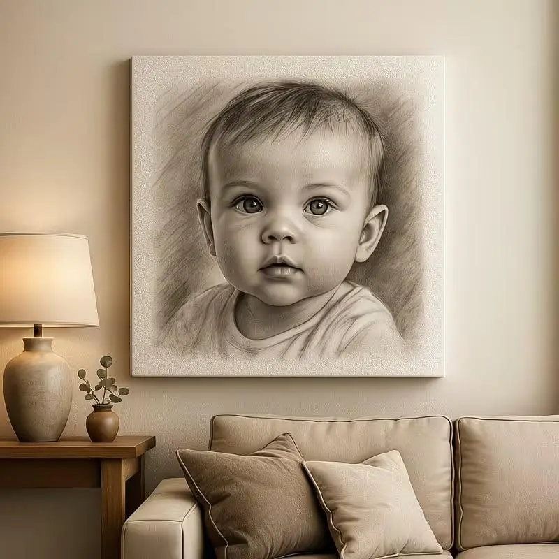 Artistic Custom 2D Flat Baby Charcoal Portrait Drawing from Photo - Personalized Black and White Digital Framed Print, Newborn Room Wall Art, Christmas Gift