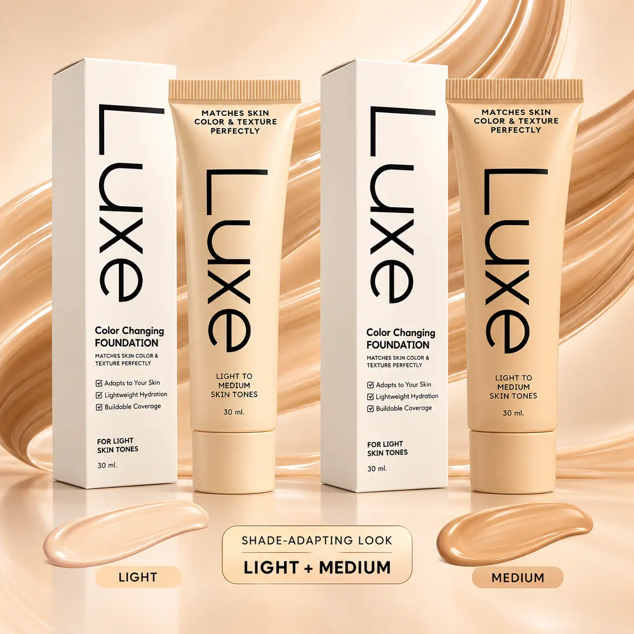 LUXE Color Changing Foundation 30ml, Lightweight Tone-Adapting Makeup in Light & Medium Shades, Buildable Coverage, Natural Skin-Like Finish & Comfortable Long Wear