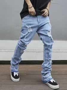 Men's Solid Color Casual Streetwear Fashion Tight-Fit Flare Medium Stretch Jeans Pants, Menswear Comfortable Mid-Waist Ripped Distressed Denim Jeans for All Seasons, Perfect Gift for Husband Boyfriend