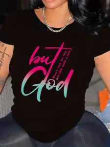 Plus Size - Plus Size - Oversized But God Graphic Crew Neck T-Shirt - Brightly Designed Tee for The Spring And Summer Seasons, Featuring Soft Short Sleeves for Casual Wear, Offering a Comfortable Relaxed Fit