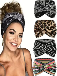 4-Piece Cross Hair Tie Set, Classic Paisley, Fashion Leopard Print, Unique Zigzag Design, Vibrant Stripes, Stylish Headband Collection
