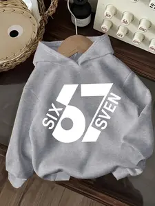 Boys' Spring & Fall Casual Hooded Long Sleeve Sweatshirt, Six Seven Series 67 Pattern Print, Comfortable Fitted Pullover, Perfect Gift, Graphic Hoodies
