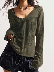 SOLEMN Women's Solid Color Fitted Washed Long Sleeve V-Neck Knit T-Shirt Casual