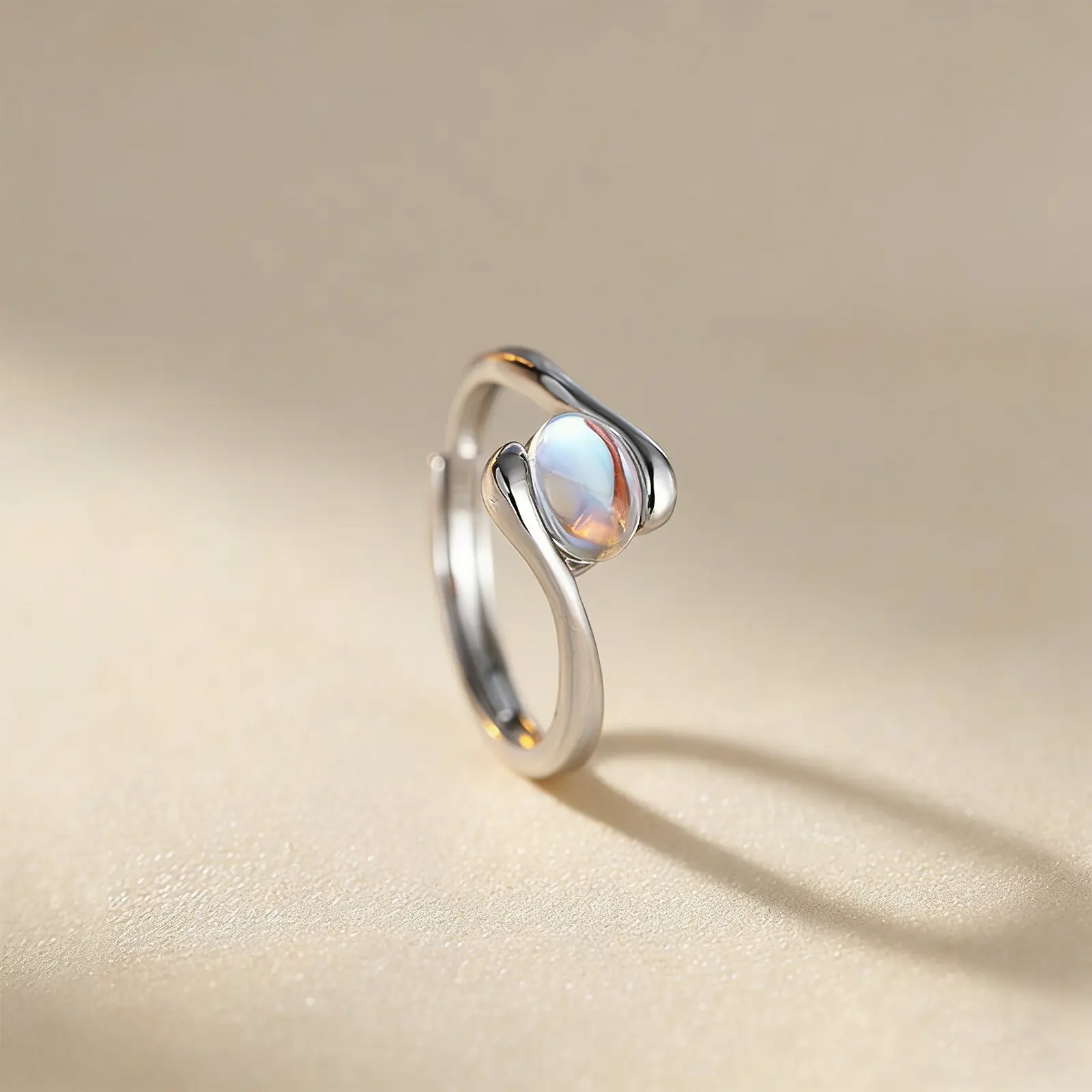 Sterling Silver Adjustable Moonstone Ring for Women, Minimalist Open Band Twist Design, Ice-Type Blue Moonlight Oval Stone, Dainty Iridescent Gemstone Ring for Daily Wear, Anniversary Valentine’s Day & Christmas Gift