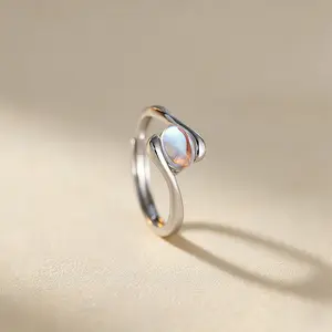 Sterling Silver Adjustable Moonstone Ring for Women, Minimalist Open Band Twist Design, Ice-Type Blue Moonlight Oval Stone, Dainty Iridescent Gemstone Ring for Daily Wear, Anniversary Valentine’s Day & Christmas Gift