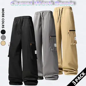 3 PACK Men's regular striped print drawstring waist sports pants, casual loose Multi-pocket design, suitable for autumn and winter wear, men's daily wear trousers Suitable for all seasons