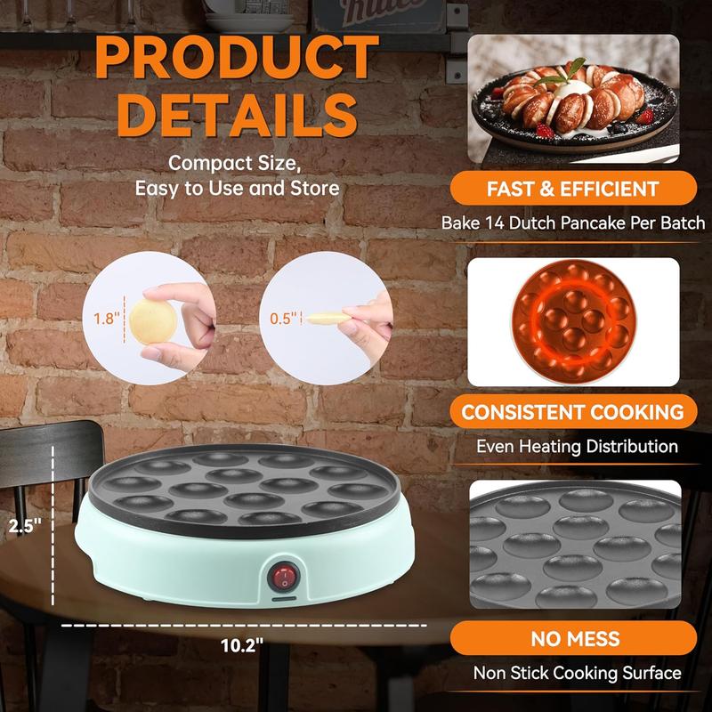 Mini Pancakes Maker Machine, Dutch Mini Pancake Griddle, 14 Holes Electric Poffertjes Pan, Ideal for Breakfast, Snacks, Desserts & More