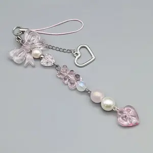 Y2K Pink Pearls Heart Beads Phone Charm Strap Keychain Lanyard Anti-Loss Phone Case Pendant Girl Woman Keycord