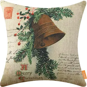 LINKWELL Christmas Outdoor Pillow Cover 18x18 Inch Retro Bell Design for Sofa Couch Winter Decorations Thick Burlap Material with Invisible Zipper Closure CC1863