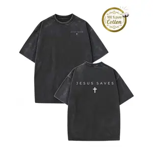1pc Heavyweight Christian T-Shirt - Jesus Saves Cross Design, Dual-Sided Water Washed Vintage Look, Thick 230GSM Cotton Tee for Church, Casual Attire - Religious Gift for Men & Women