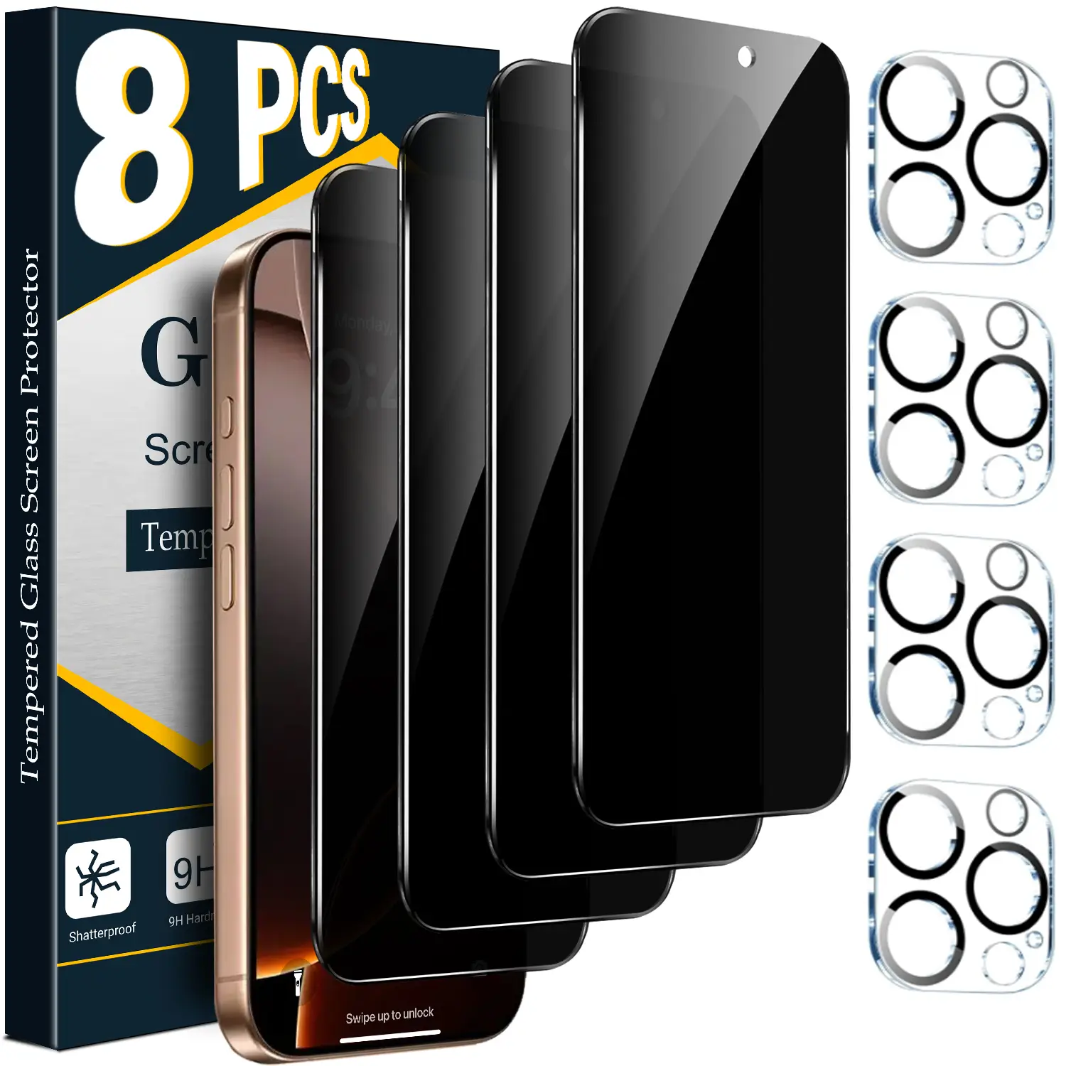 4 Pack Privacy Screen Protector for iPhone 17 16 15 14 13 12 11 Pro Max with 4 Pack Camera Lens Protector, Anti Spy Tempered Glass Film 9H Hardness Ca