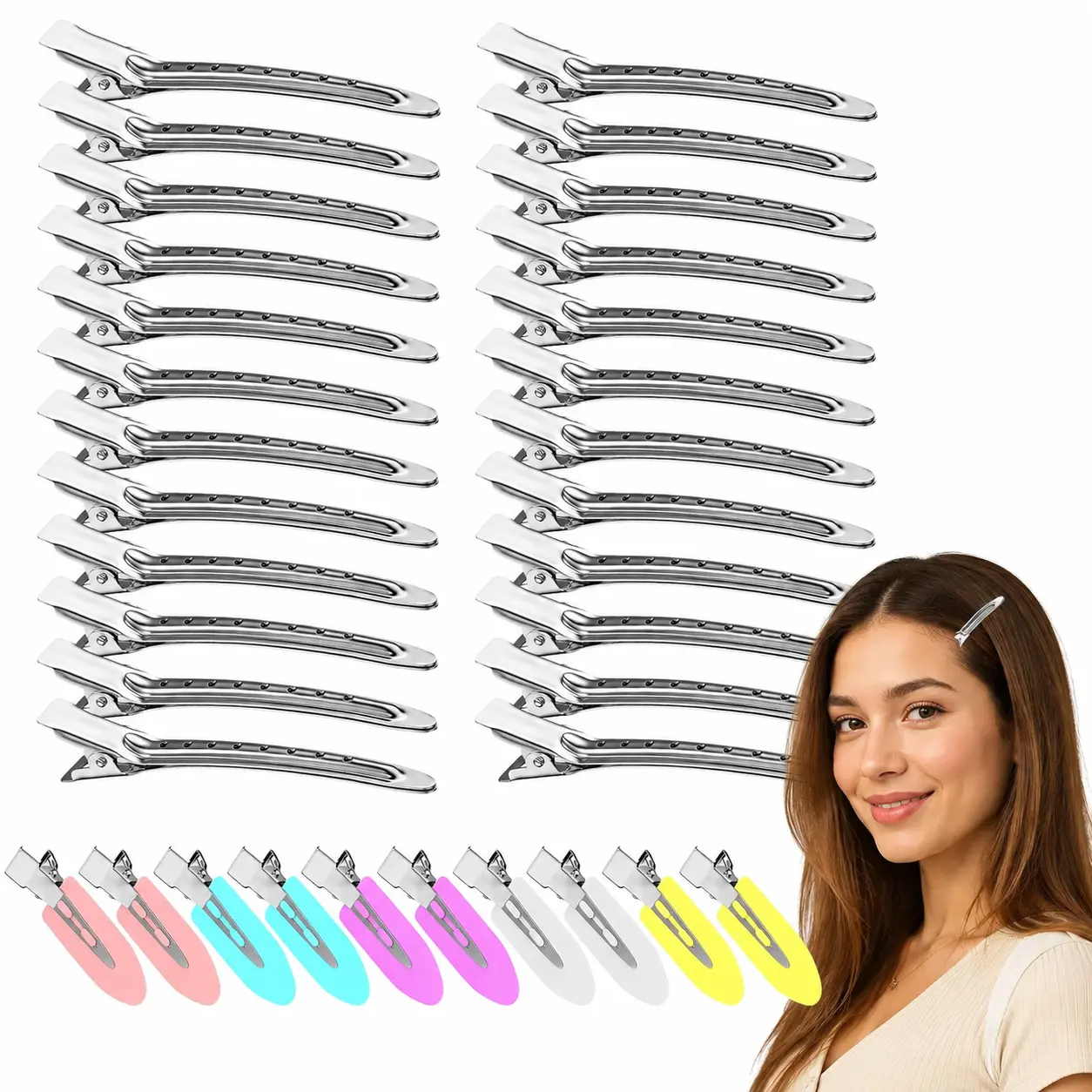 30PCS Metal Alligator Hair Clips, Duckbill Salon Styling Clips with Holes, Heavy Duty Hair Pins for Women, DIY Bows & Home Hair Styling