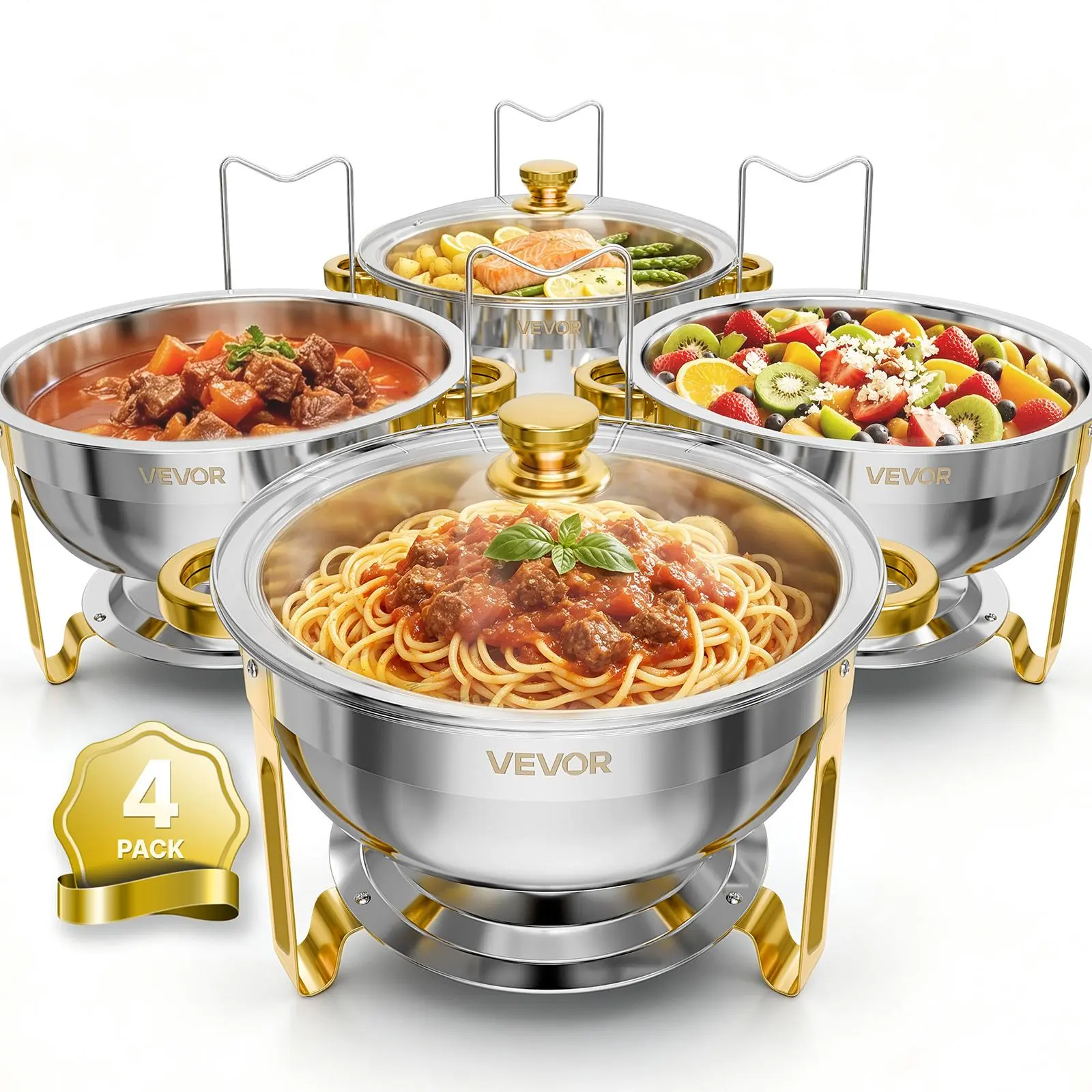 VEVOR 4-Pack Round Shape Stainless Steel Chafing Dishes Set, 6QT Stackable Cookware Pots, Buffet Servers & Warmers with Glass Lids, Fuel Holders for Banquets, Catering Events