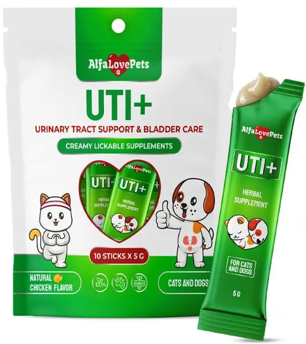 Cat UTI Treatment for Frequent Urination, Bladder & Kidney Irritation – Squeezable Dog UTI Treatment for Natural Care – Creamy UTI+ Cranberry Supplement for Dogs with Chicken Flavor – 10 Sticks x 5 g
