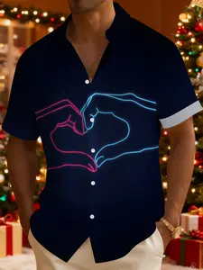 Valentine's Day Men's 3D Digital Print Neon Hand Heart Shirt, Fashionable and Versatile Casual Men's Short Sleeve, Suitable for Daily Wear, 100% Polyester, the Perfect Holiday Gift for Men