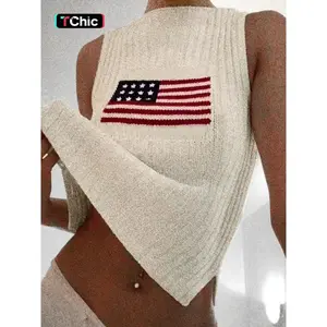Women’s flag graphic print split hem sweater vest, casual fashion round neck sleeveless jumper vest for summer, ladies knitwear for daily wear GARMENTARY