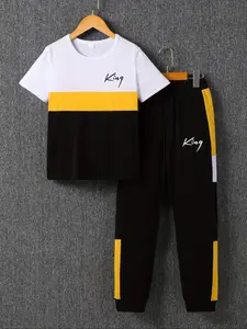 Two-Piece Set Boy's Colorblock Letter Print Short Sleeve Tee & Pants Set, Casual Round Neck T-shirt & Trousers for Summer, Kids Clothes for Daily Wear