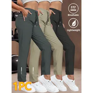 Women's Casual Elastic Sports Pants, Lightweight Breathable Outer Wear, Slimming Drawstring Waist, Suitable For Running Yoga Workout, Spring/Autumn, US Direct Shipping