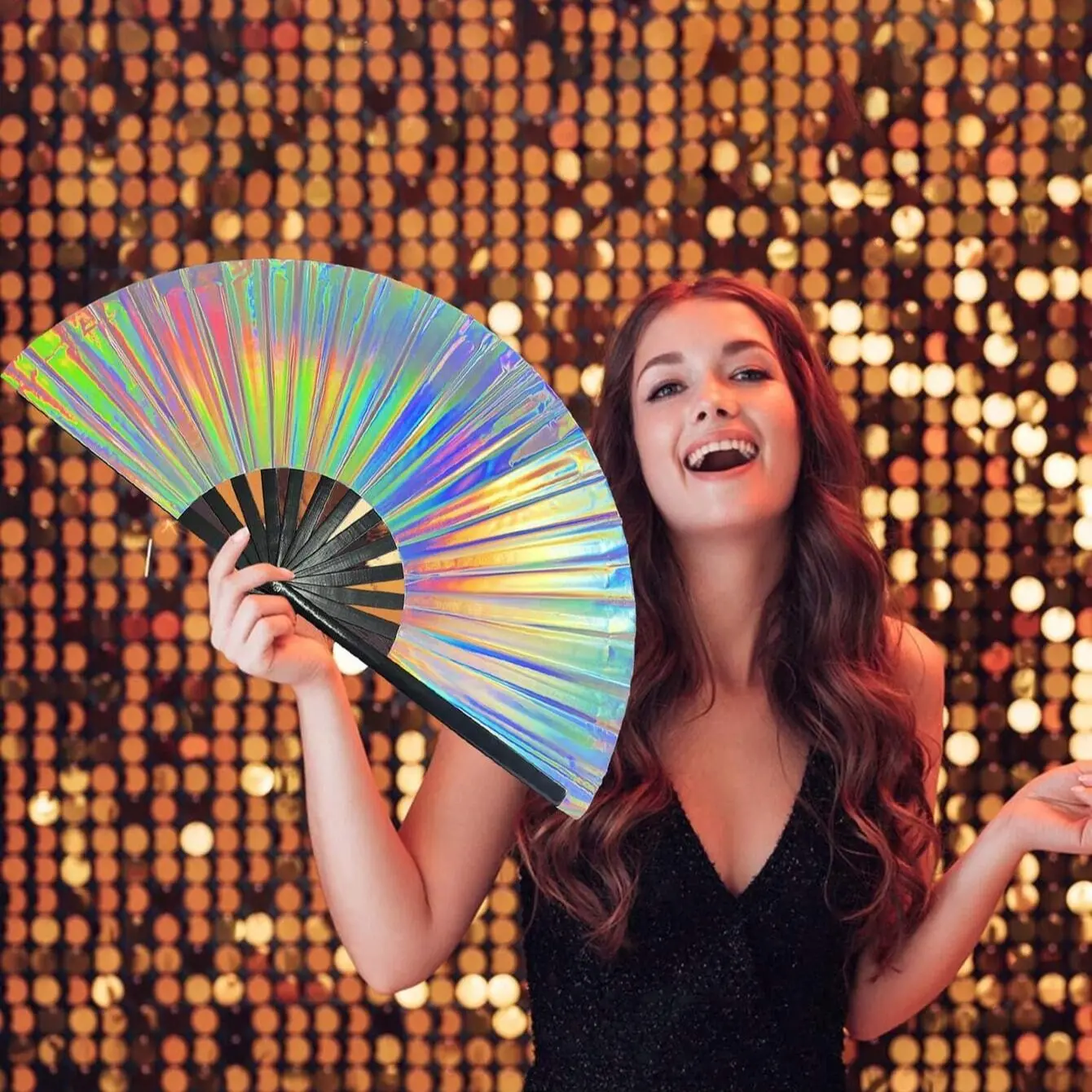 PVC Laser Reflective Foldable Fan for Parties and Festivals, Portable Mirrored Fan with Flashing Surface for Photo Shoots and Stage Decor, Folding Fans, Perfect for Music Festivals and Nightlife Events, Hand Fan