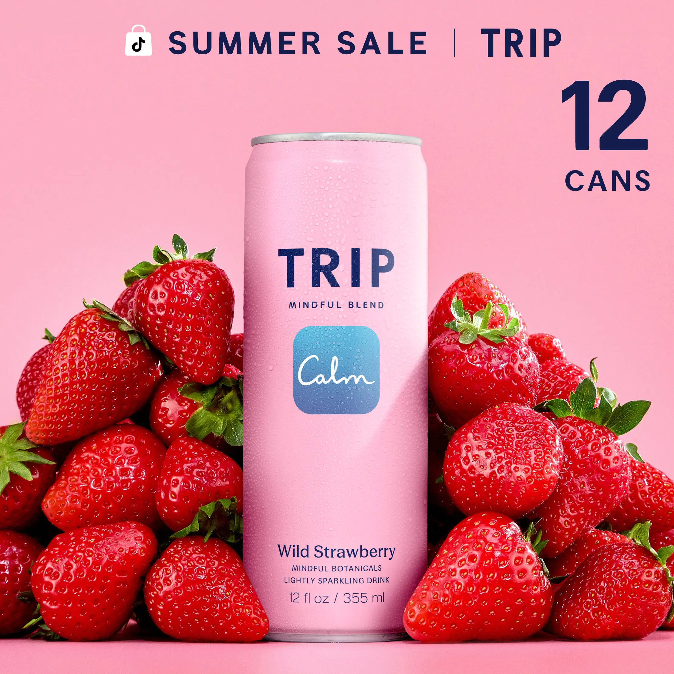 TRIP Wild Strawberry Sparkling Magnesium  Drink — 120mg Magnesium, Ashwagandha, Lion's Mane, L-Theanine, Non-Alcoholic, Low Calorie, Vegan (12-Pack, 12oz)