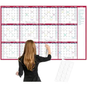 Large Dry Erase Calendar for Wall - Yearly Wall Calendar Dry Erase, 58" x 37", 12-Month Undated Blank Calendar Planner,  Laminated Wall Calendar, 15 Round Stickers,  for , Office and School - Blue With Red